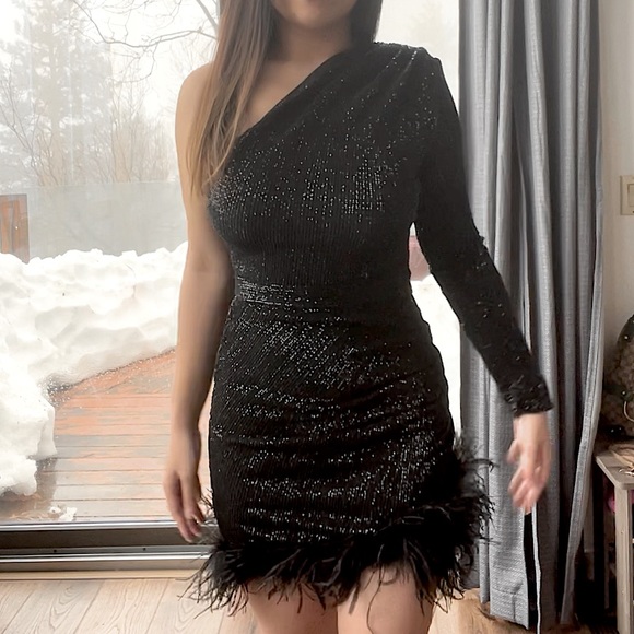 Lavish Alice: Feather-Trimmed Sequined Minidress (NWT) - Picture 4 of 17